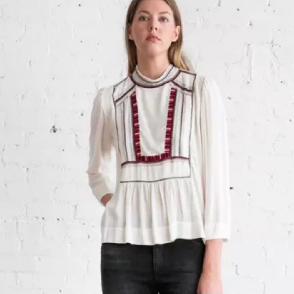 Isabel Marant Etoile Cerza Embroidered Blouse Top Cream Red Black Sz. FR 36 US 4